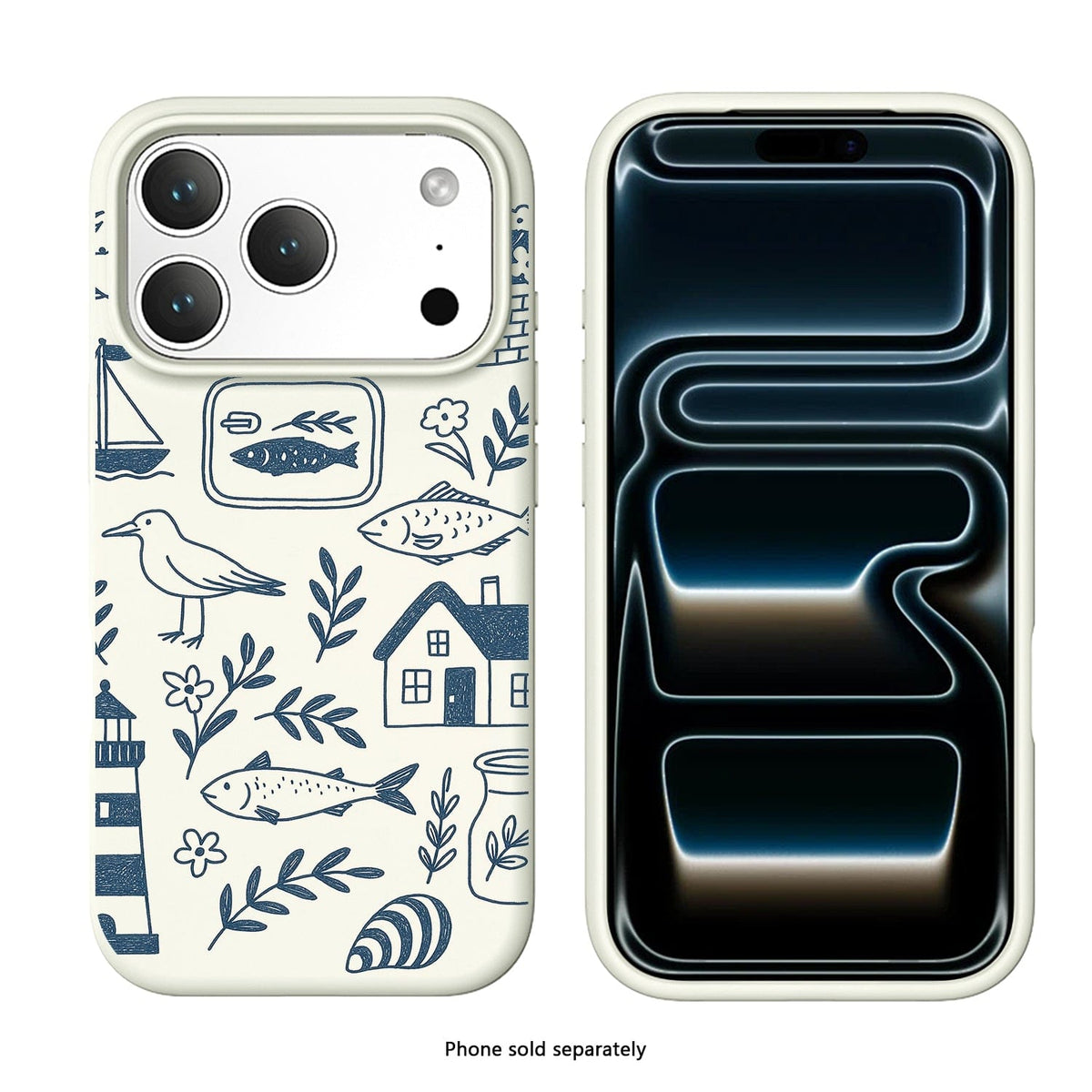 SaharaCase Inspire Silicone Case for iPhone 17 Pro Max — blue travel patterned front and rear views on white