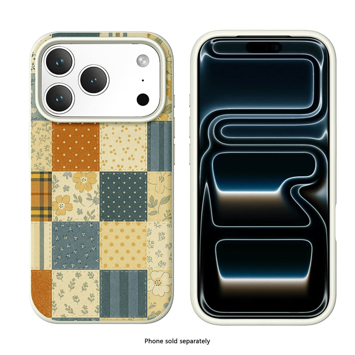 SaharaCase Inspire Silicone Case for iPhone 17 Pro — patchwork front and rear views on white
