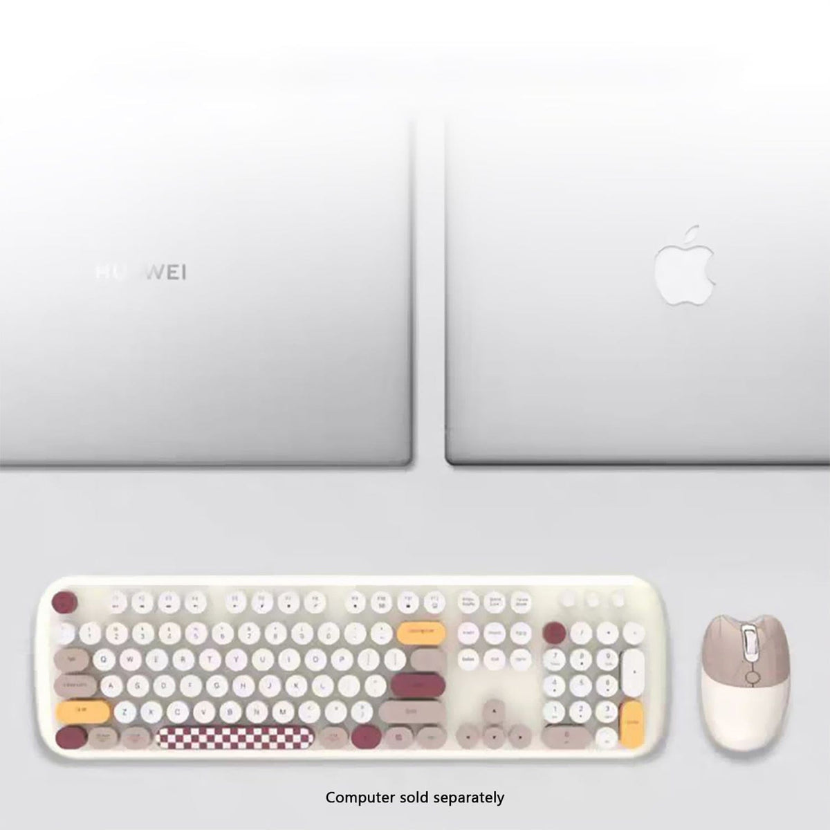 Beige KB8 keyboard and mouse pictured with laptops sold separately