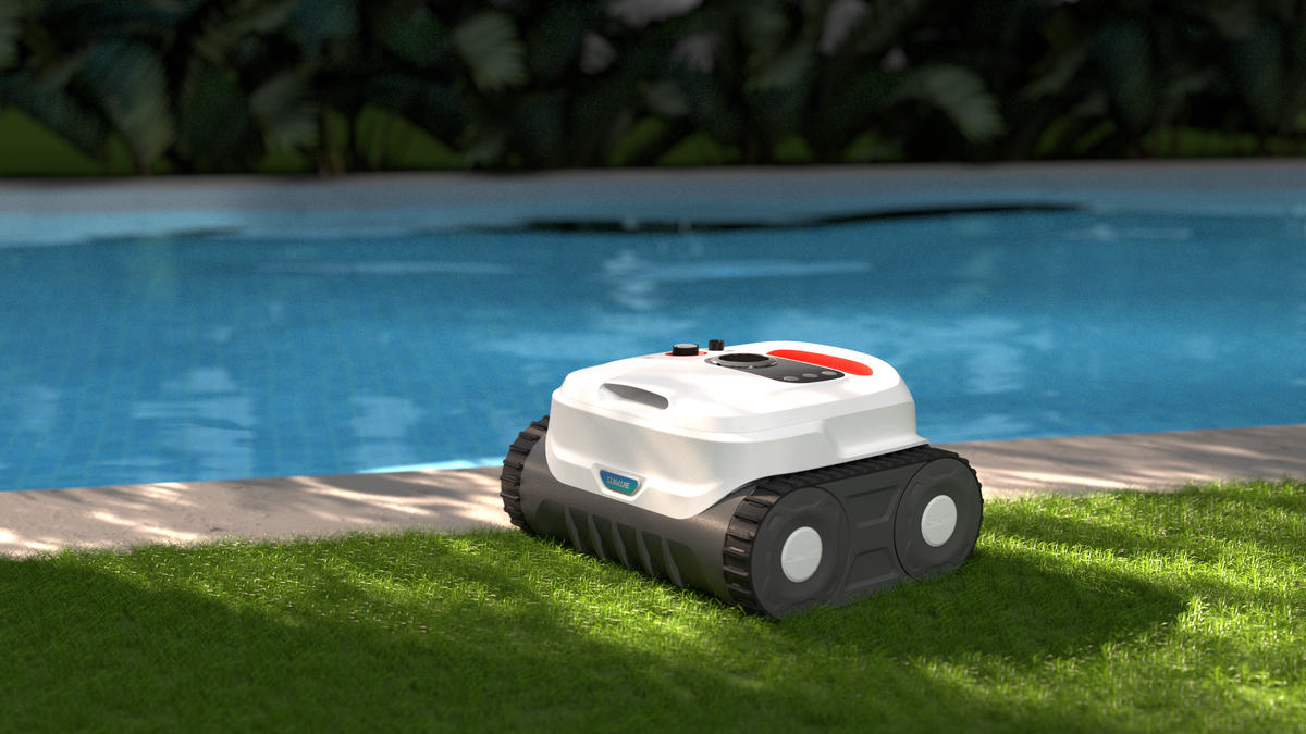 Sublue BN Pro robotic pool cleaner on grass beside a swimming pool