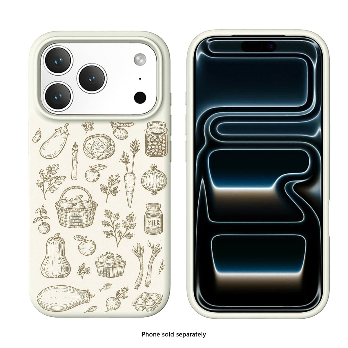 SaharaCase Inspire Silicone Case for iPhone 17 Pro — beige illustrated front and rear views on white