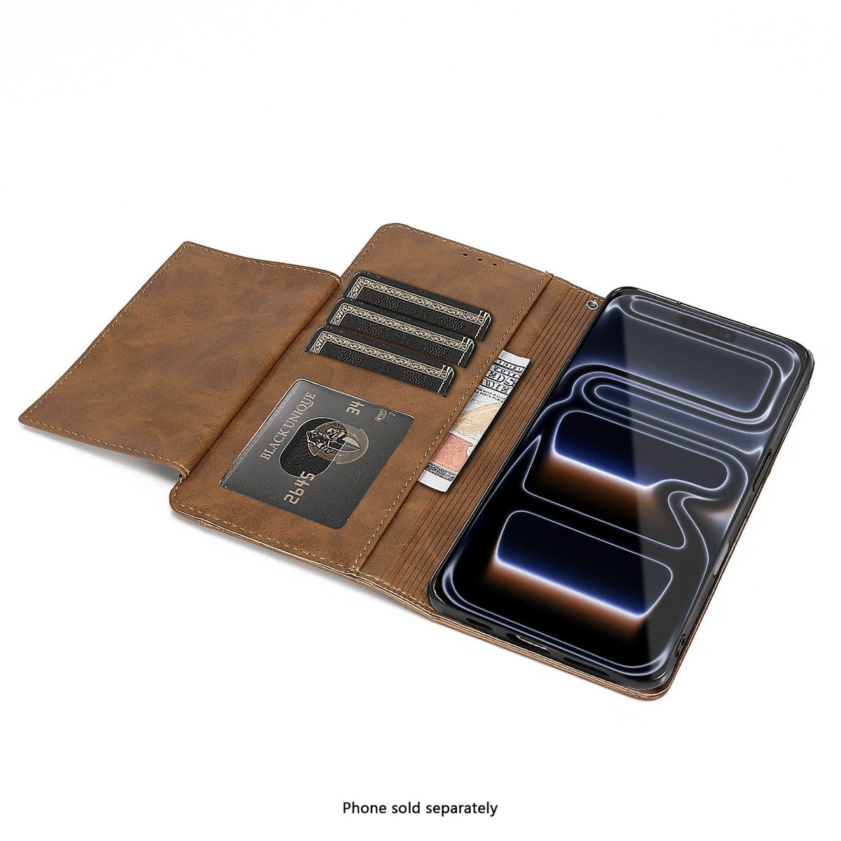 SaharaCase Indy Leather Folio Wallet Case for iPhone 17 Pro — brown angled open folio