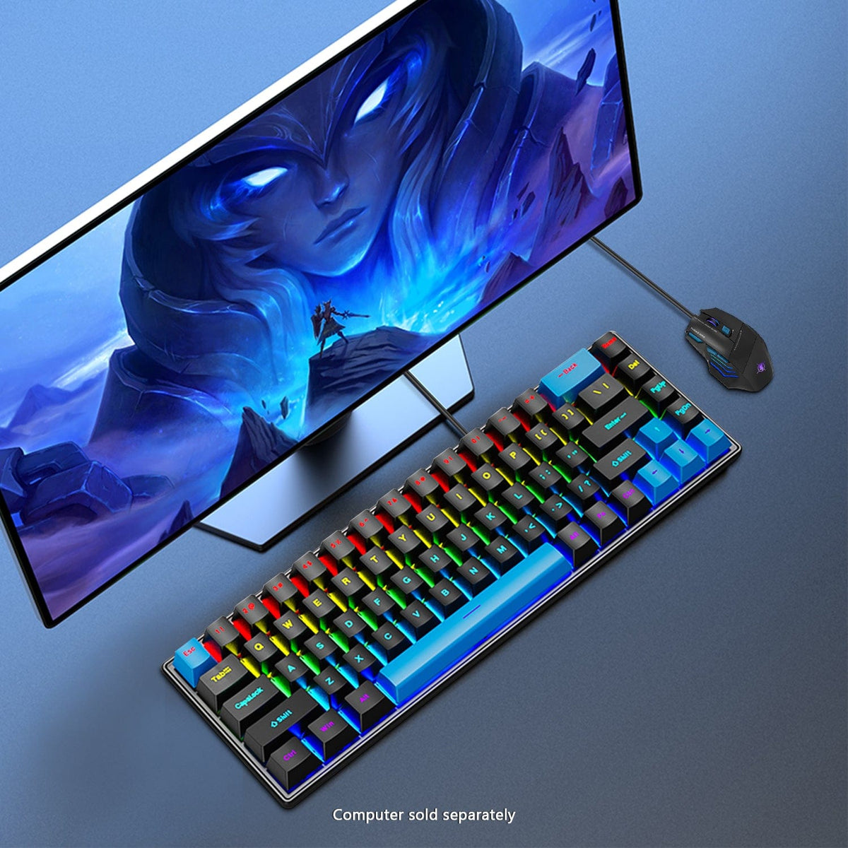 KB32 keyboard and mouse with blue display backdrop