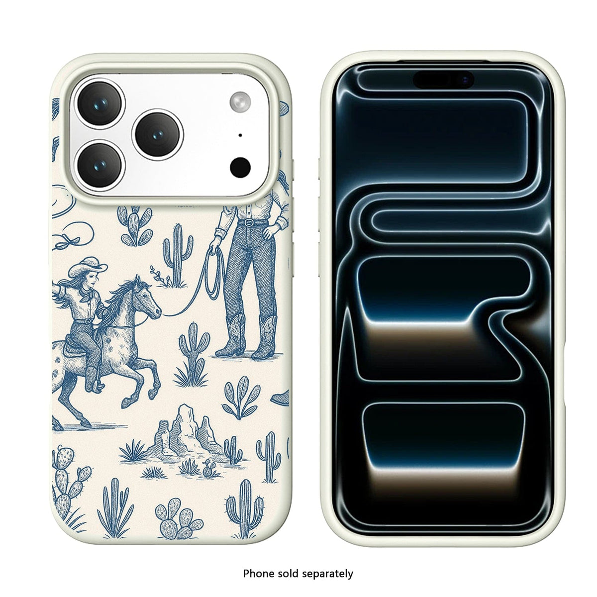 SaharaCase Inspire Silicone Case for iPhone 17 Pro — blue desert patterned front and rear views on white