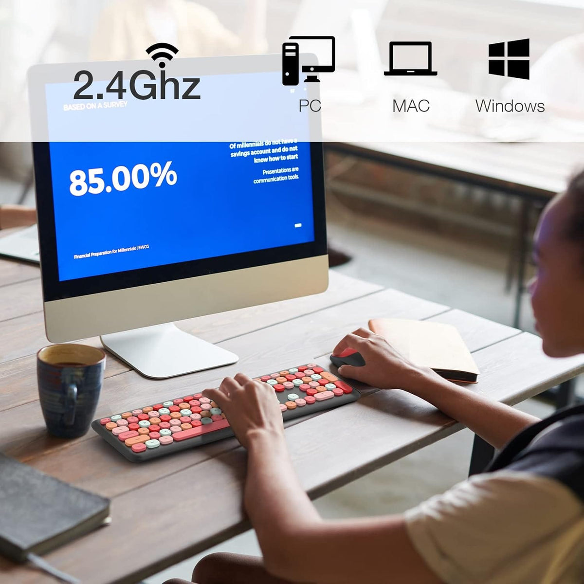KB2 keyboard and mouse in use with a desktop computer