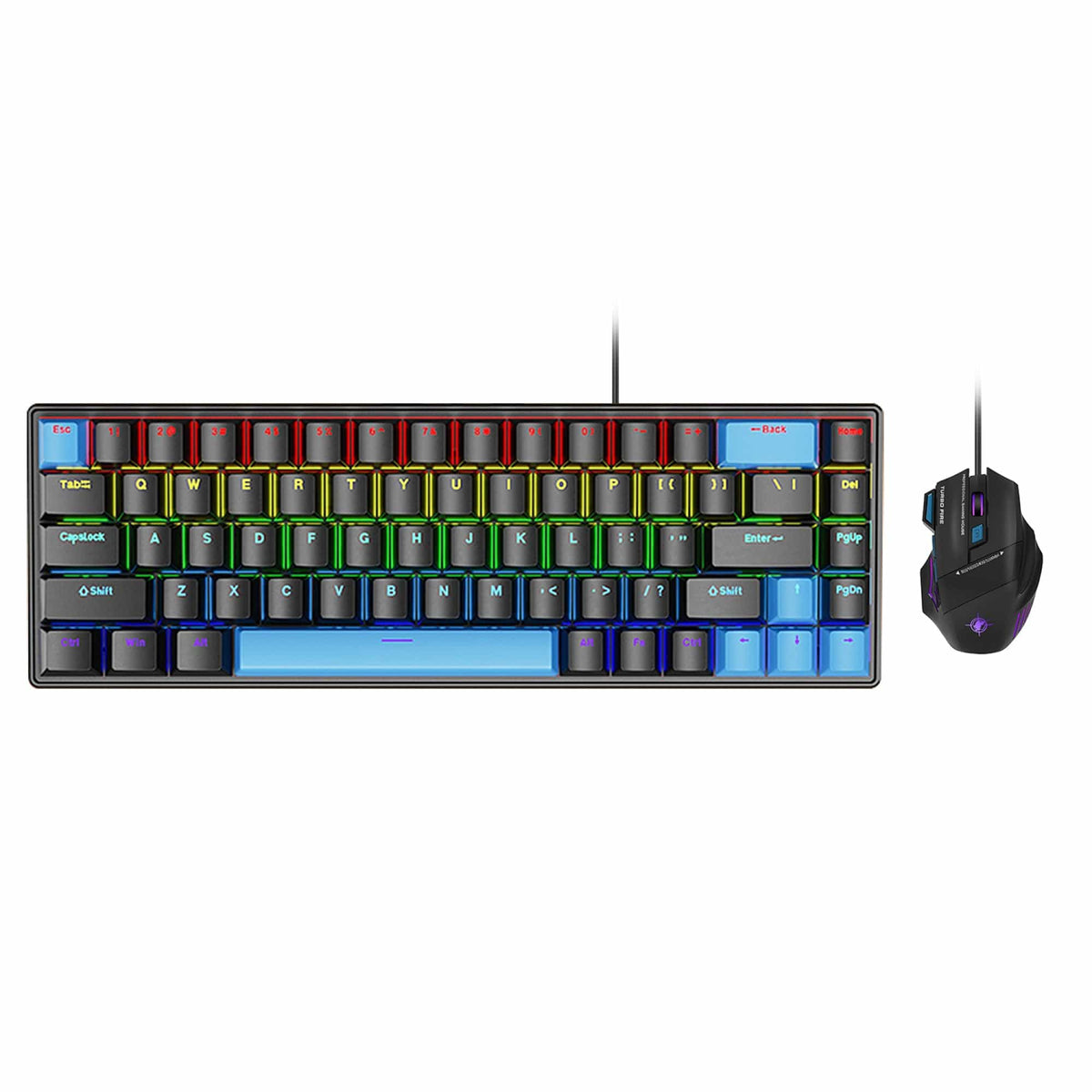 Top view of KB32 black keyboard with blue accent keys and mouse