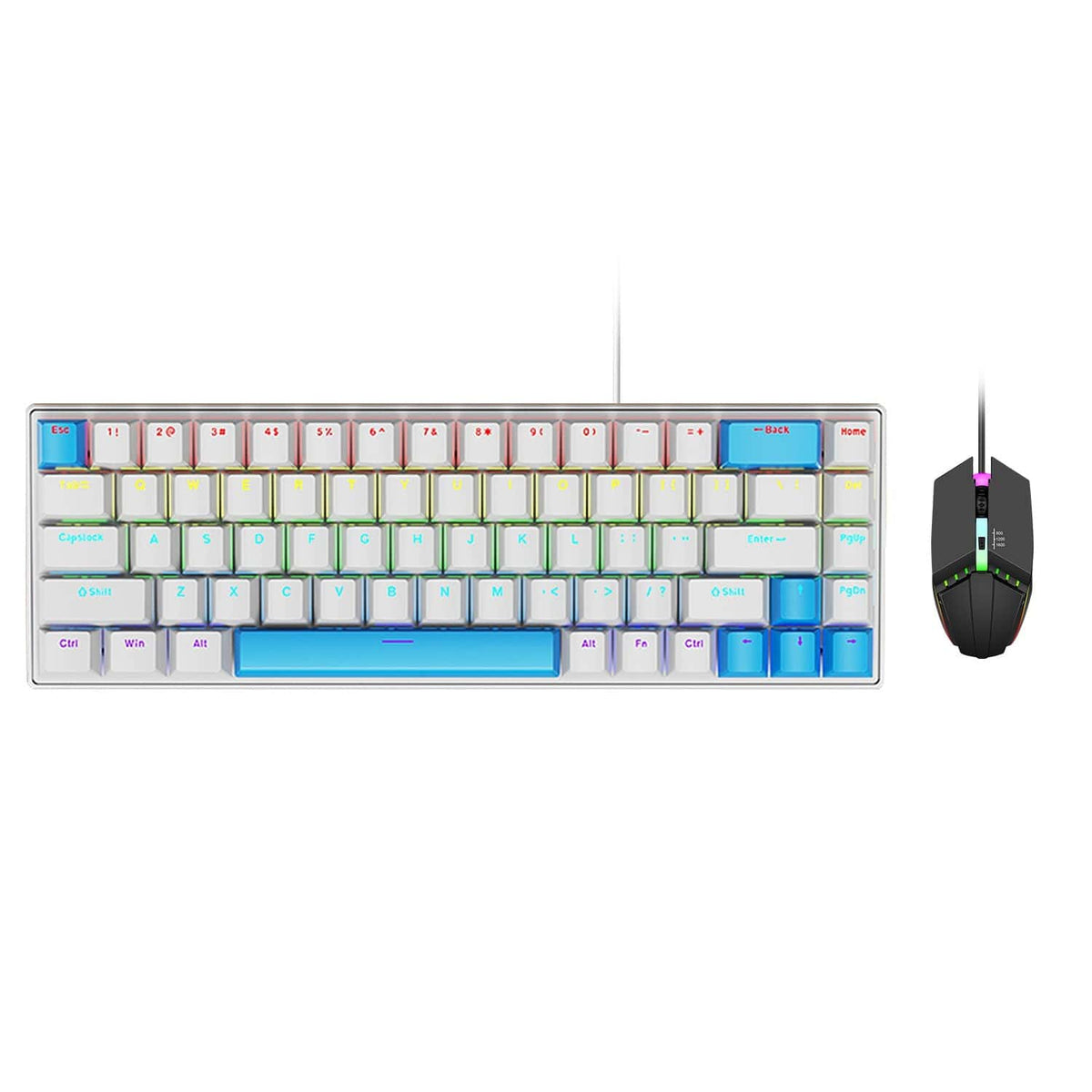 Top view of KB34 white keyboard with blue accent keys and mouse