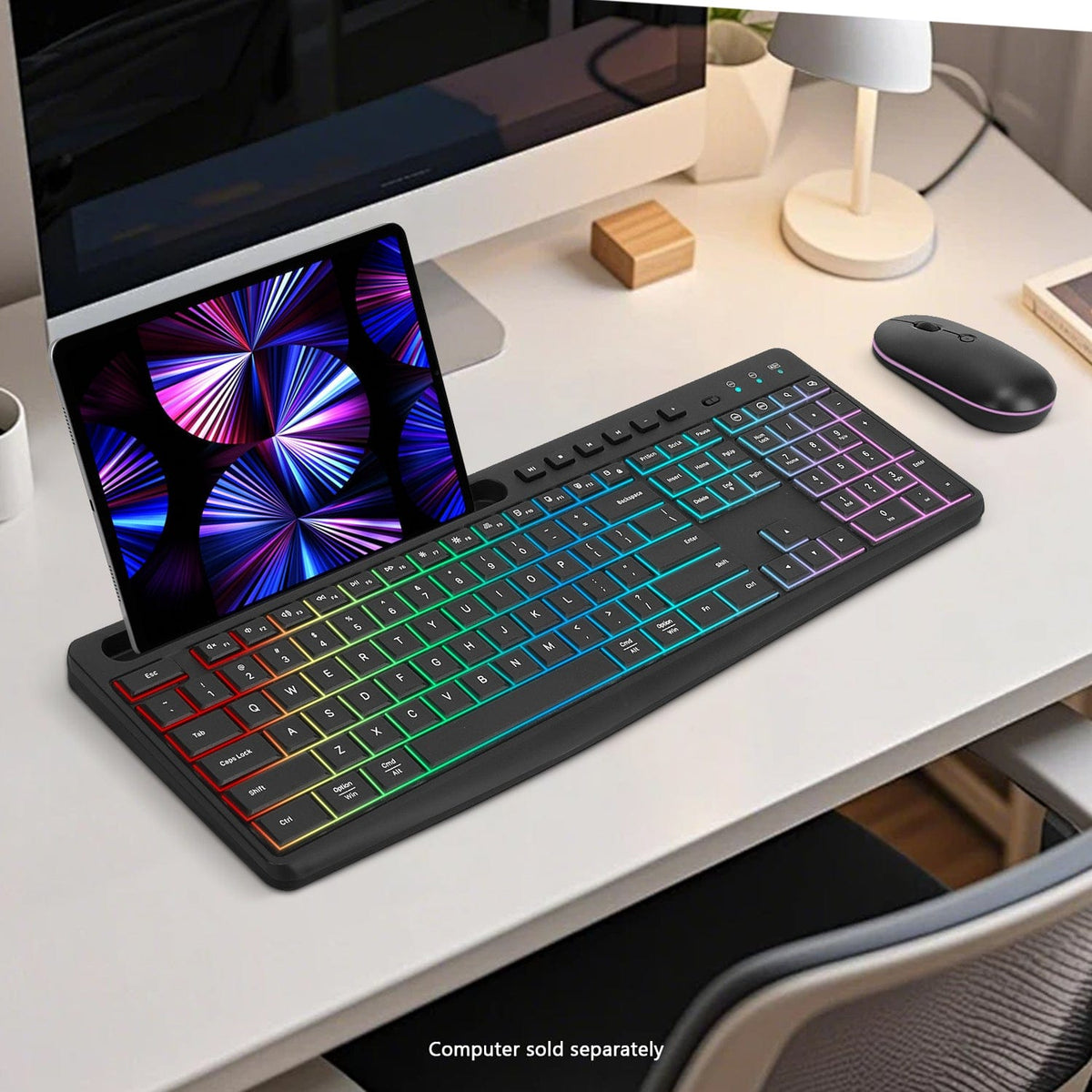 KB19 keyboard and mouse arranged below a desktop monitor