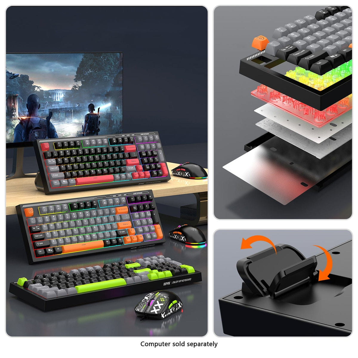 98-key keyboard construction and folding support shown beside color options