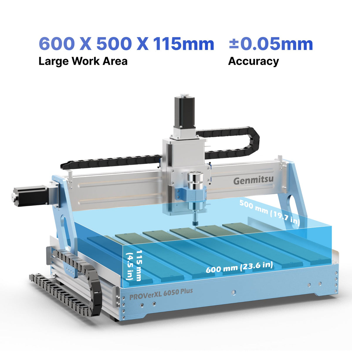 Genmitsu PROVerXL 6050 Plus CNC Router — 300W — 600 by 500 by 115mm working-envelope diagram