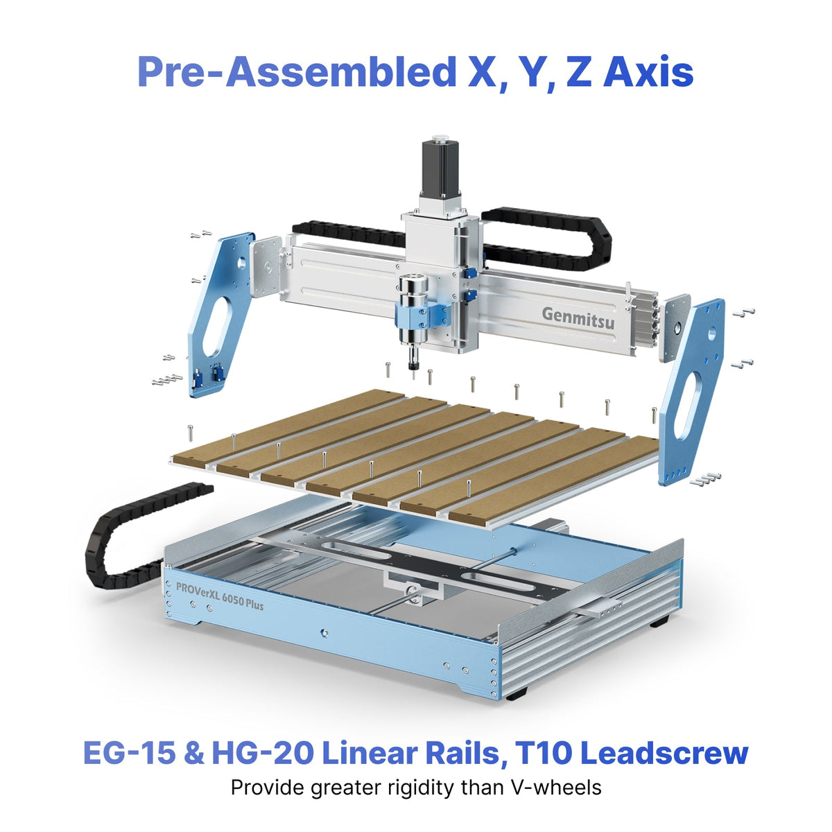 Genmitsu PROVerXL 6050 Plus CNC Router — 300W — pre-assembled axes, linear rails and lead-screw diagram