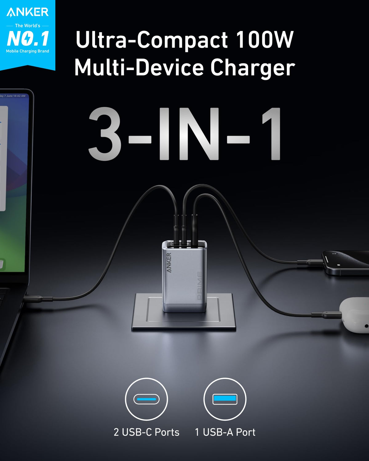 Anker Prime 100W 3-Port GaN USB-C Charger