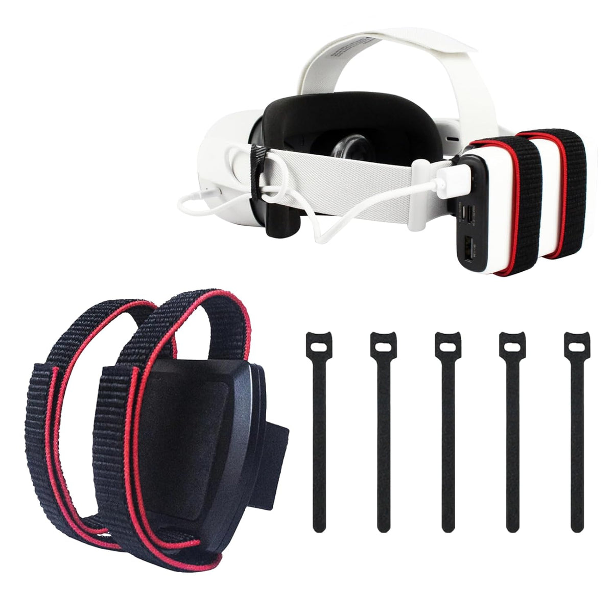 DeadEyeVR power-bank mounting straps and fasteners shown with a headset and power bank, sold separately