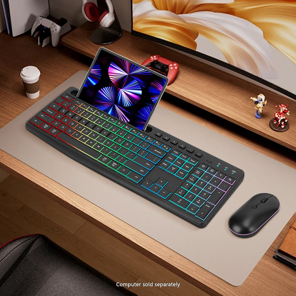 KB19 RGB keyboard and mouse on a wood desk