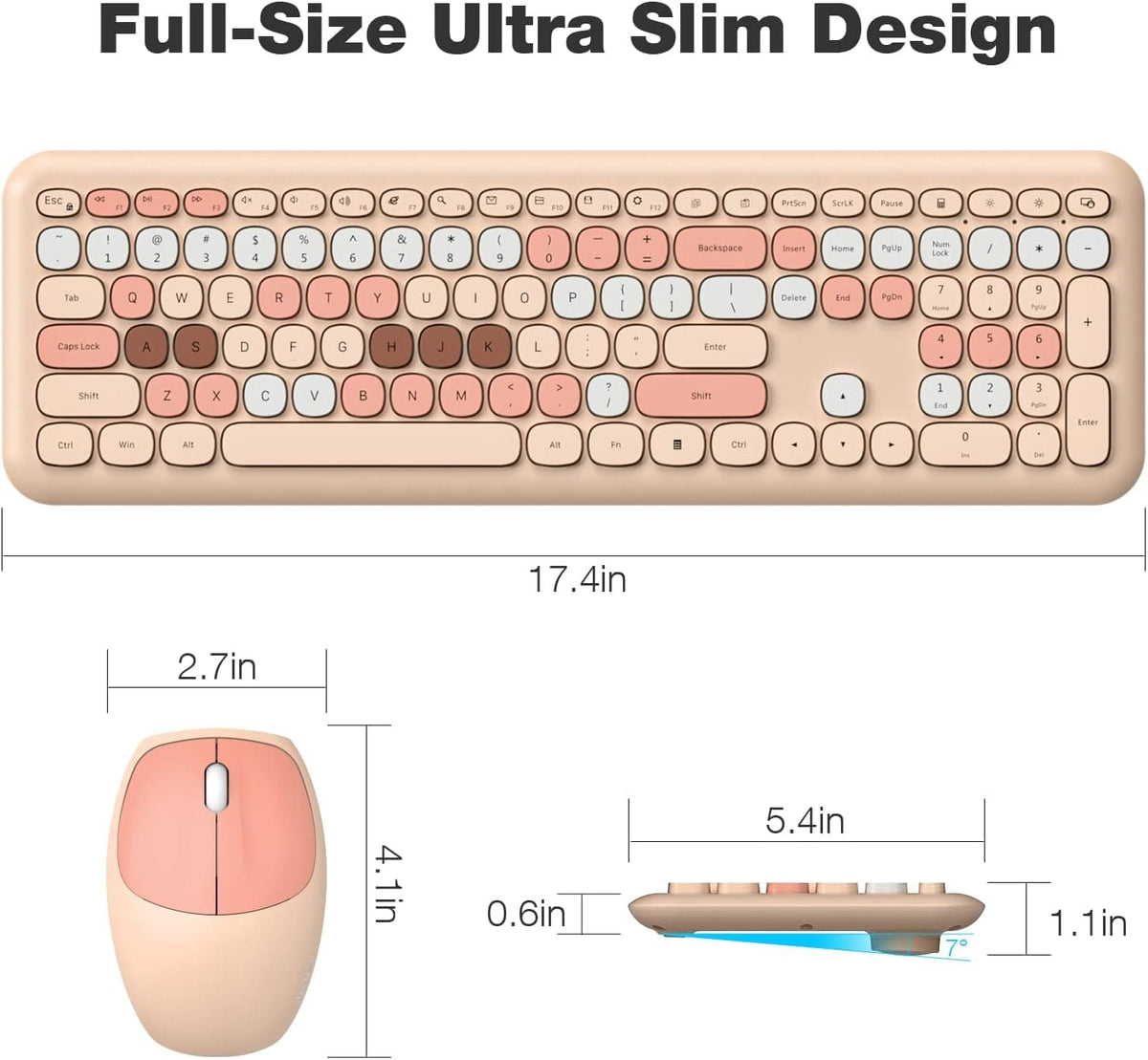 KB7 full-size keyboard and mouse dimensions diagram