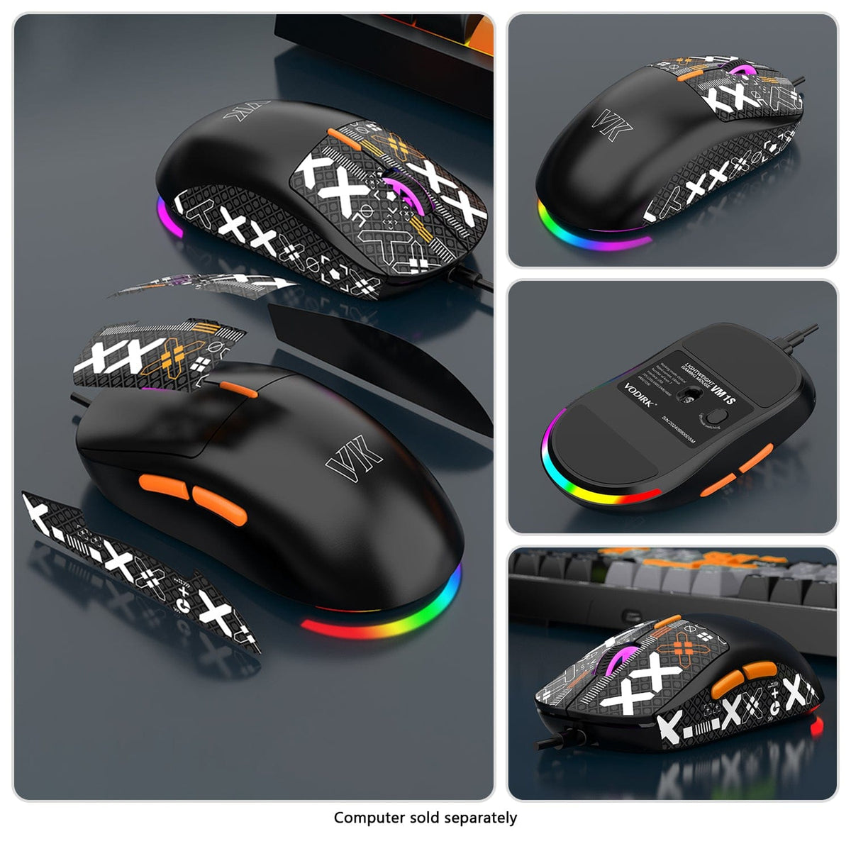 KB29 mouse details showing buttons, underside and illuminated edge