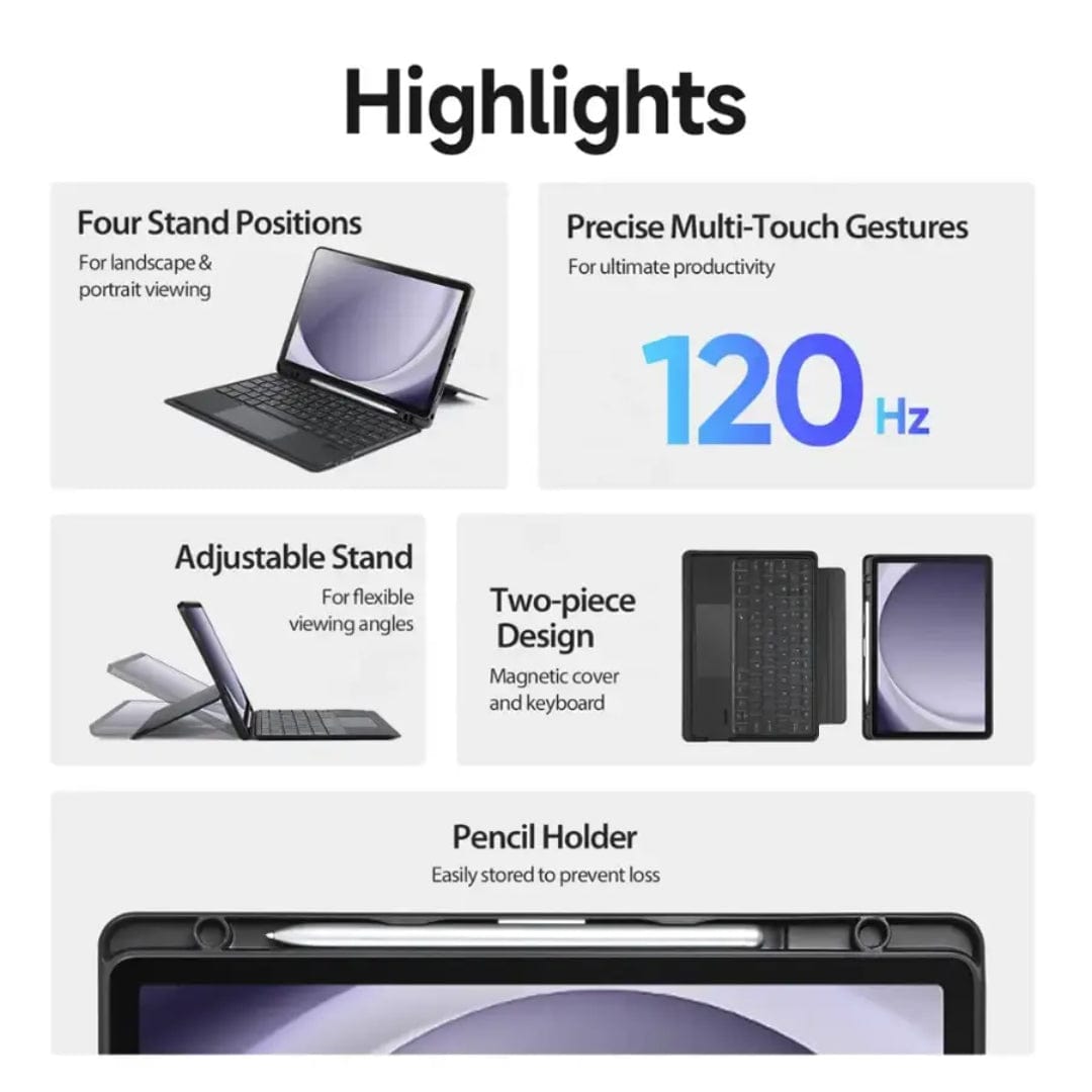 Supplier keyboard-case family diagram showing stand positions and detachable design