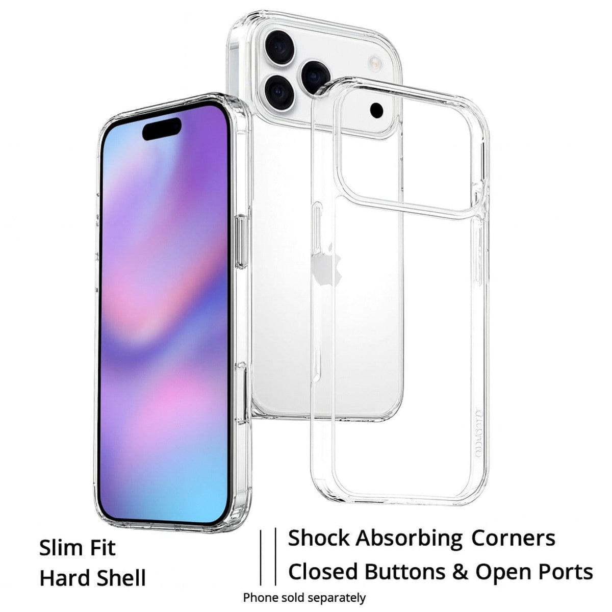 SaharaCase Venture Clear Case for iPhone 17 Pro Max — front rear and empty case