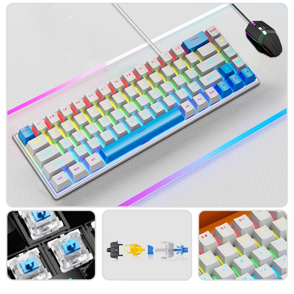 KB34 removable keycap and cyan switch detail collage