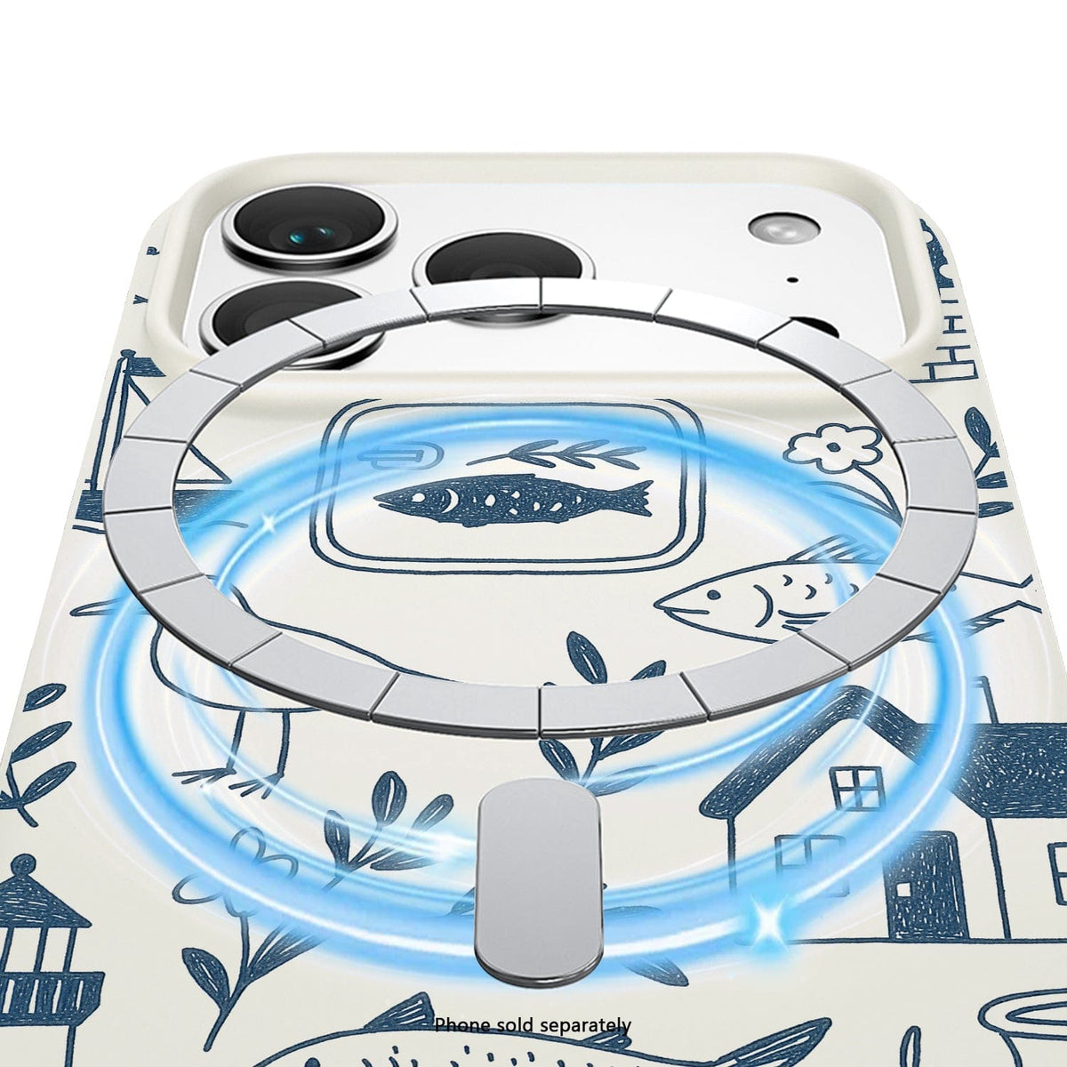 SaharaCase Inspire Silicone Case for iPhone 17 Pro — blue travel patterned magnetic ring illustration