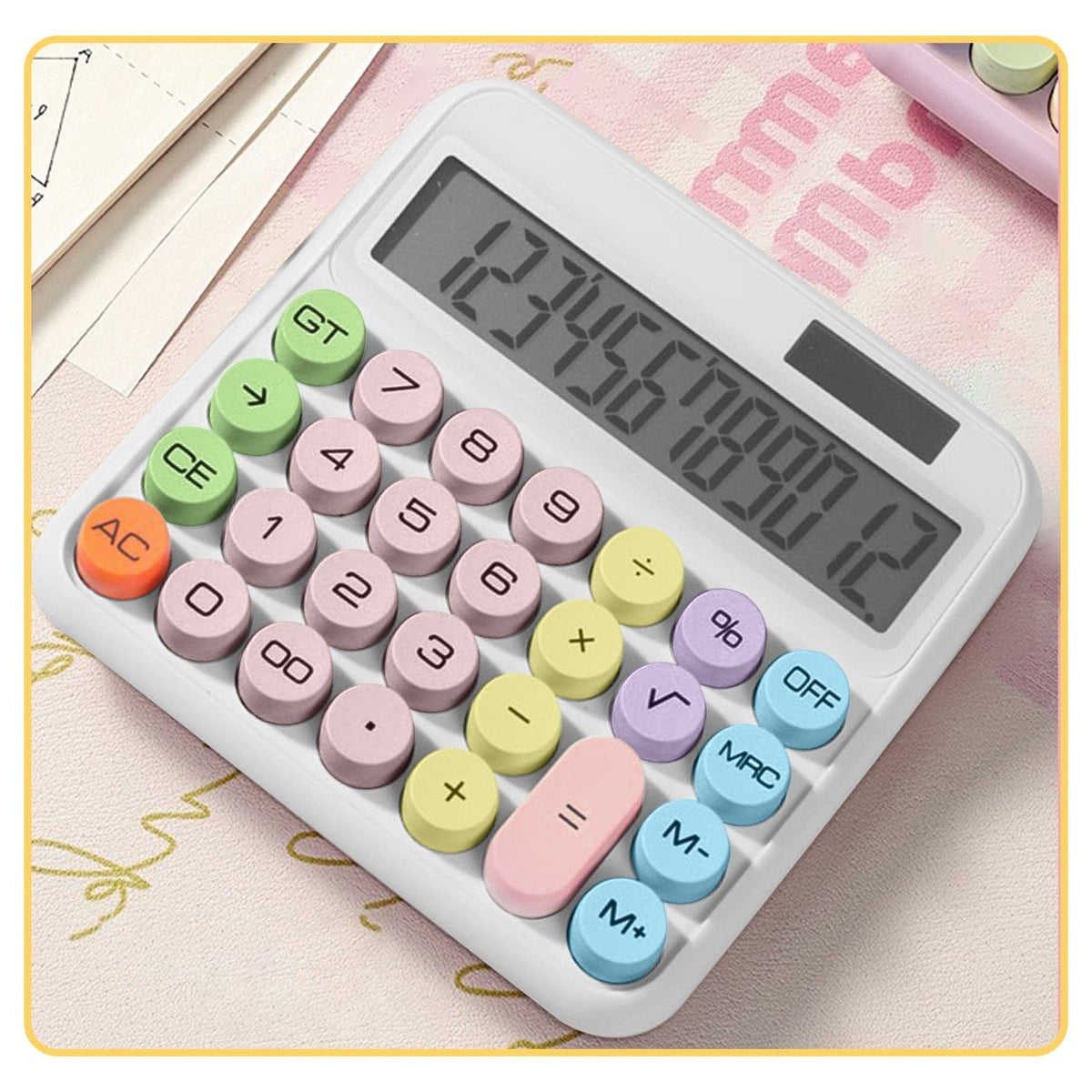 SaharaCase Cream KB53 calculator pictured on a desk with stationery