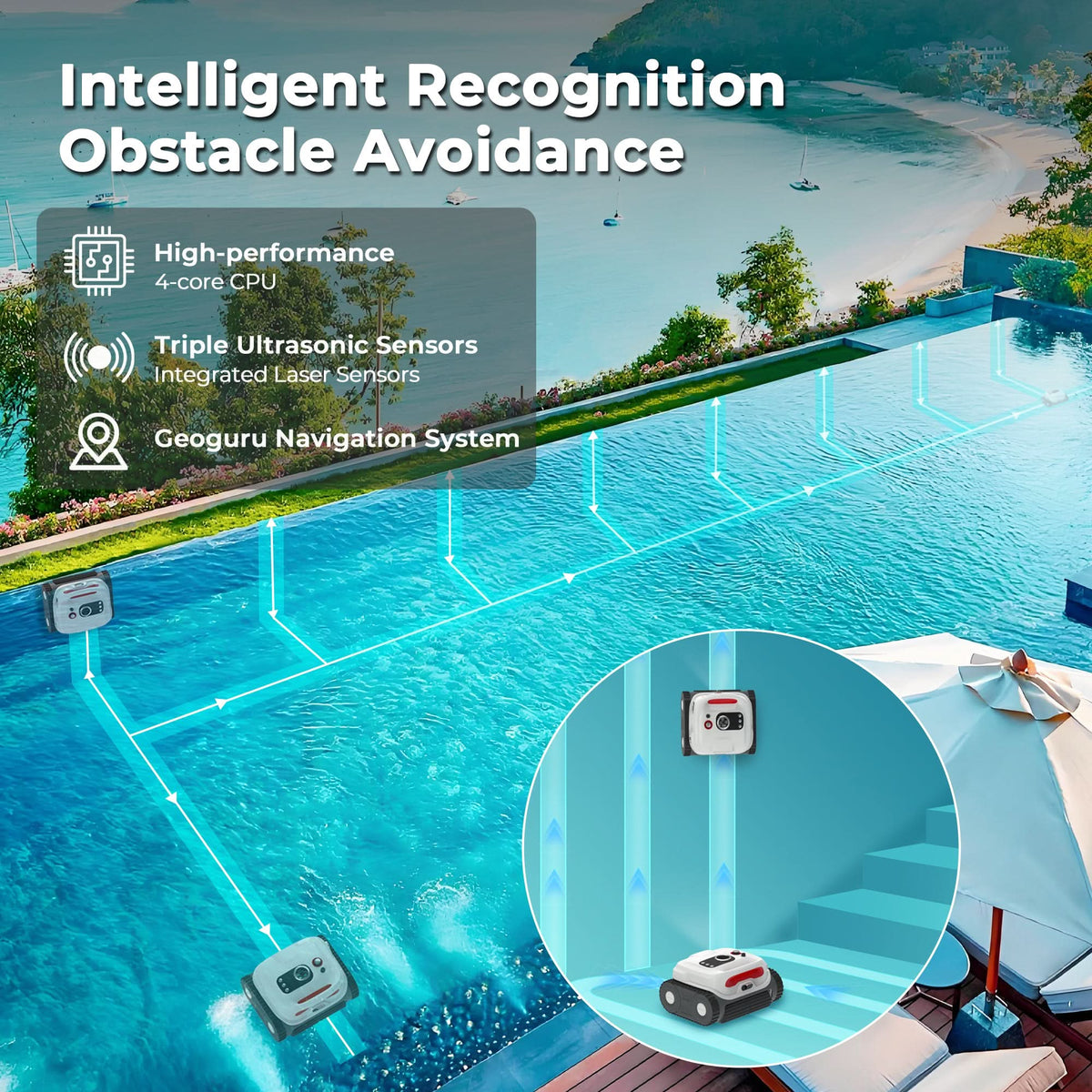 Sublue BN Pro robotic pool cleaner sensor and obstacle recognition illustration