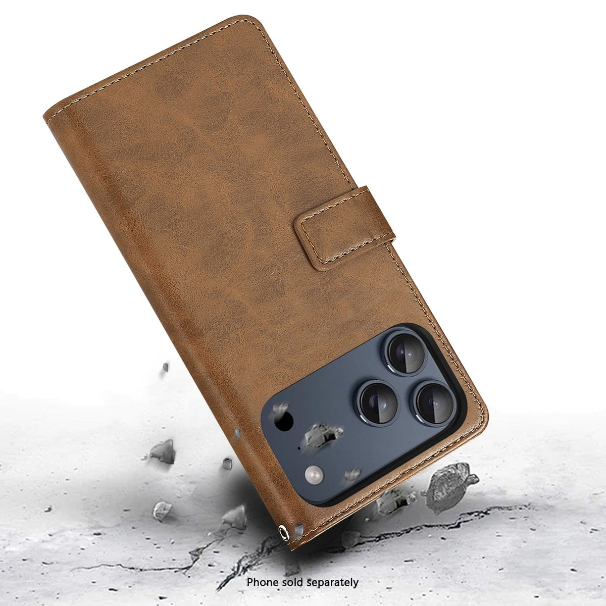 SaharaCase Indy Leather Folio Wallet Case for iPhone 17 Pro — brown impact illustration