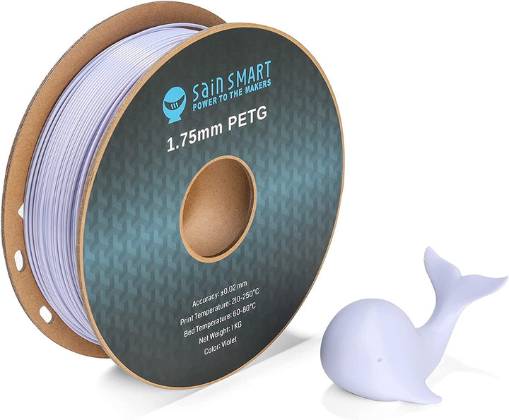 SainSmart Violet PRO-3 PETG spool with a small printed whale example