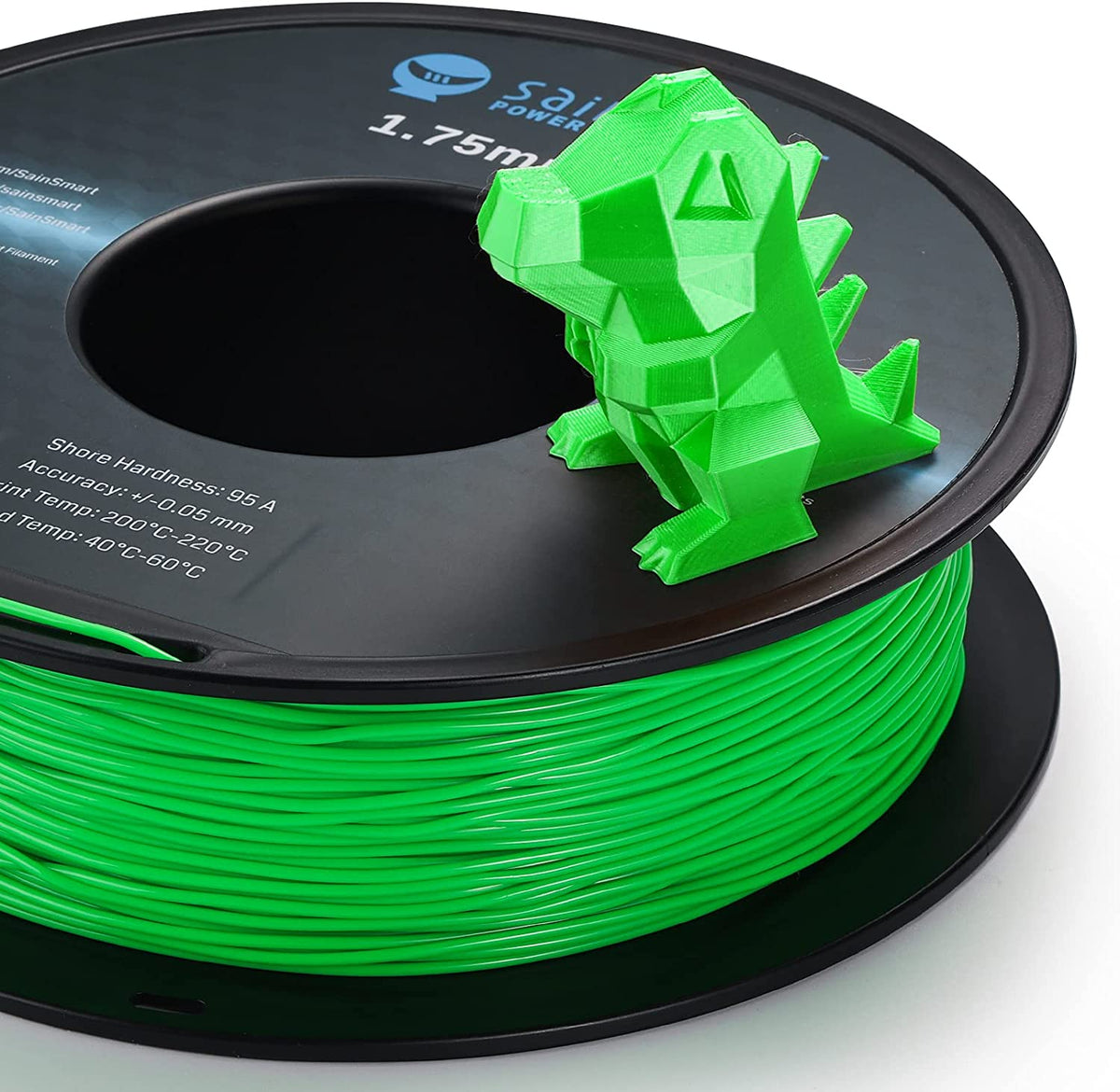 Neon green printed dinosaur on a SainSmart TPU spool