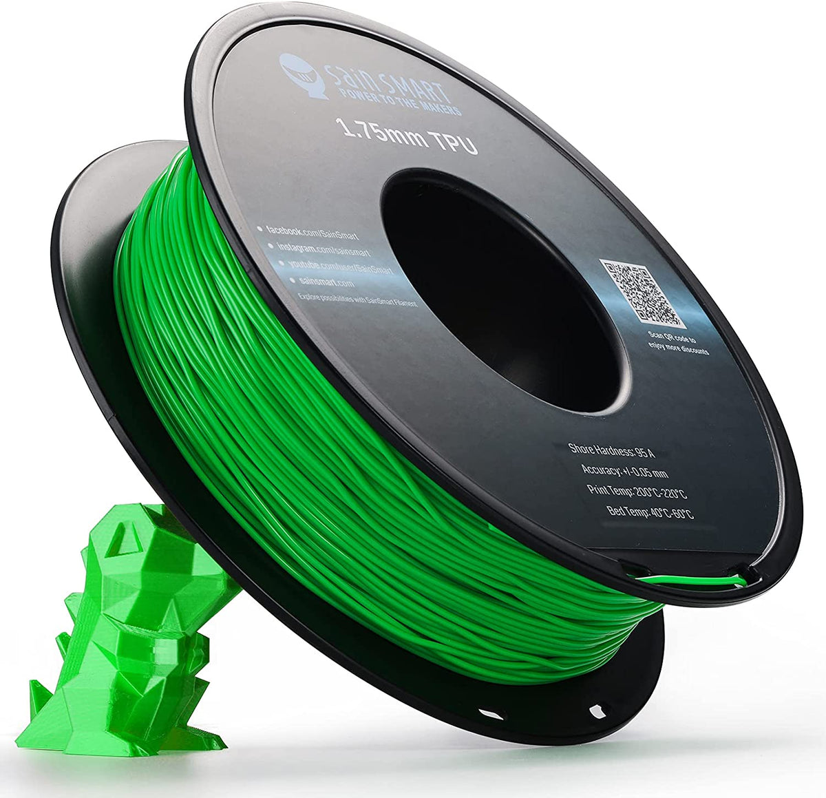 SainSmart neon green TPU spool leaning against a printed dinosaur