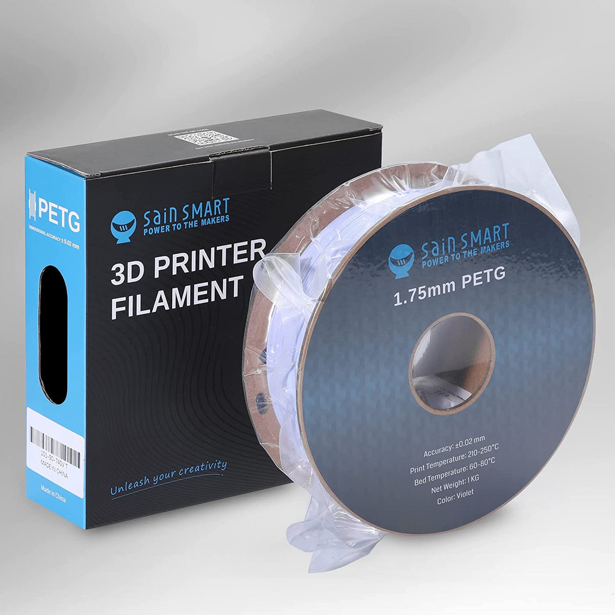 SainSmart Violet PRO-3 PETG spool in protective wrapping beside its box