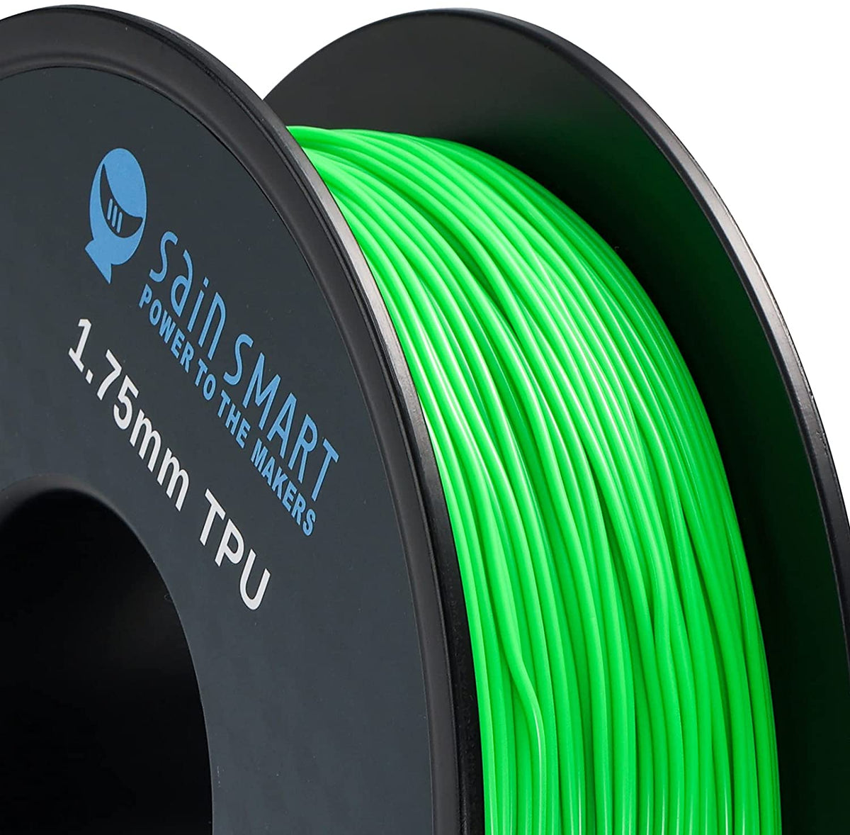Close-up of neon green SainSmart TPU filament on spool