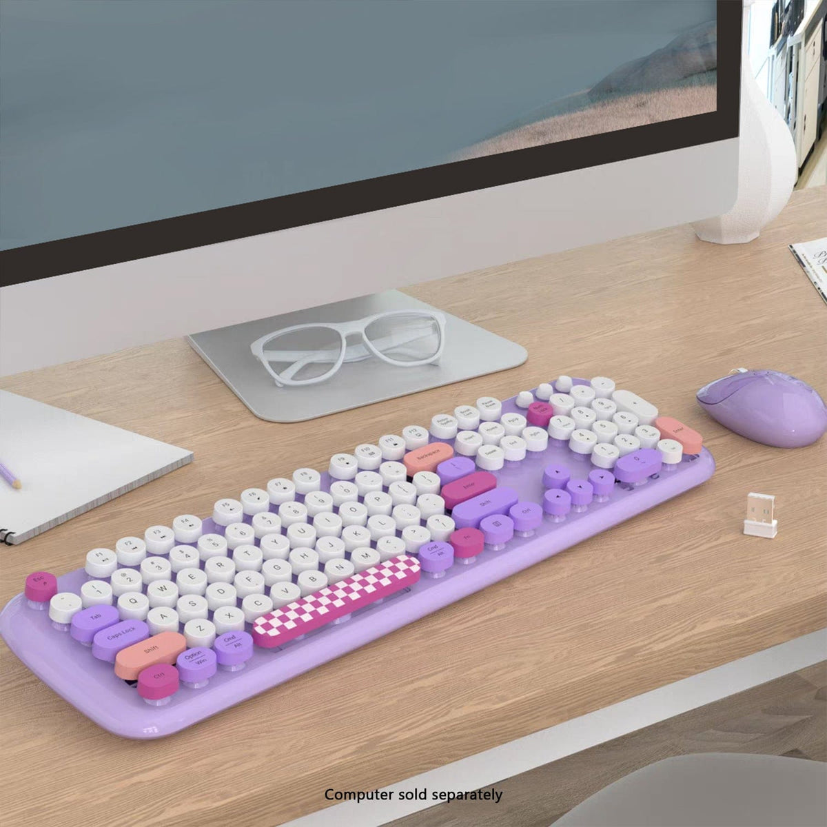 Purple KB12 keyboard and mouse pictured with monitor sold separately
