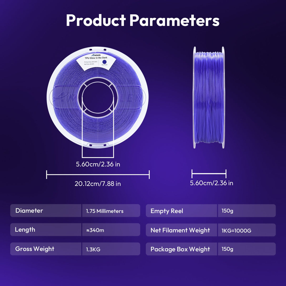 Amolen TPU Glow-in-the-Dark 1.75mm, 1KG/2.2LB