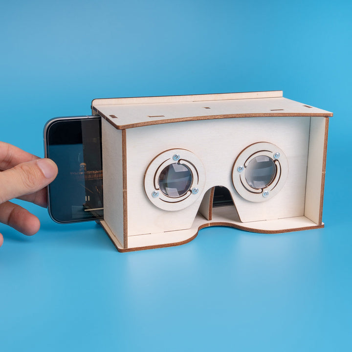 Kitsville Wooden Smartphone VR Viewer Kit — smartphone inserted in wooden viewer