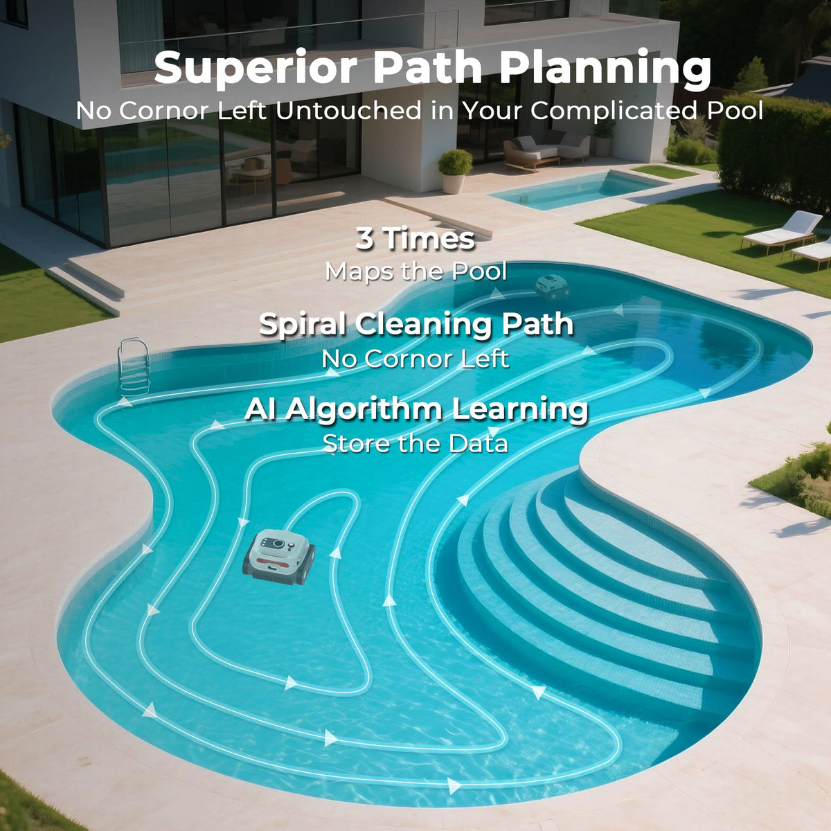 Sublue BN Pro robotic pool cleaner planned cleaning-path illustration