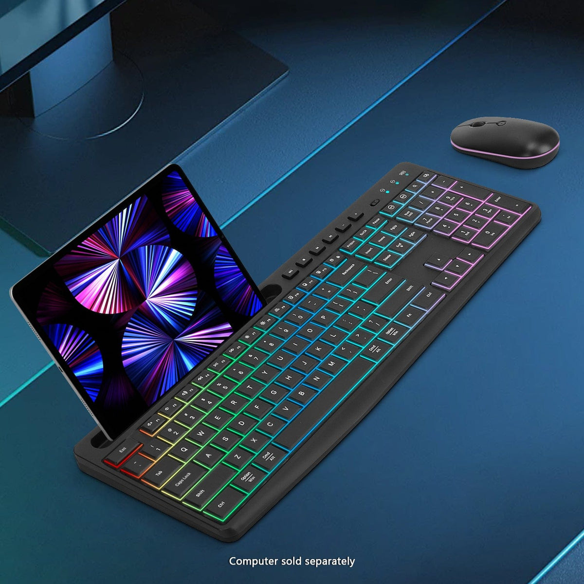 KB19 keyboard and mouse with multicolor lighting on a dark desk