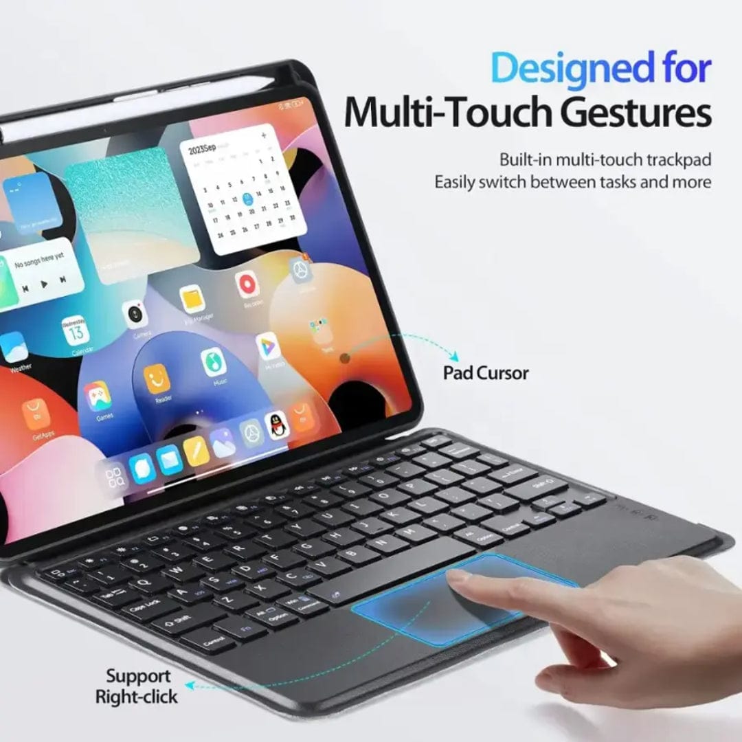 Supplier family illustration demonstrating keyboard trackpad gestures on a representative tablet