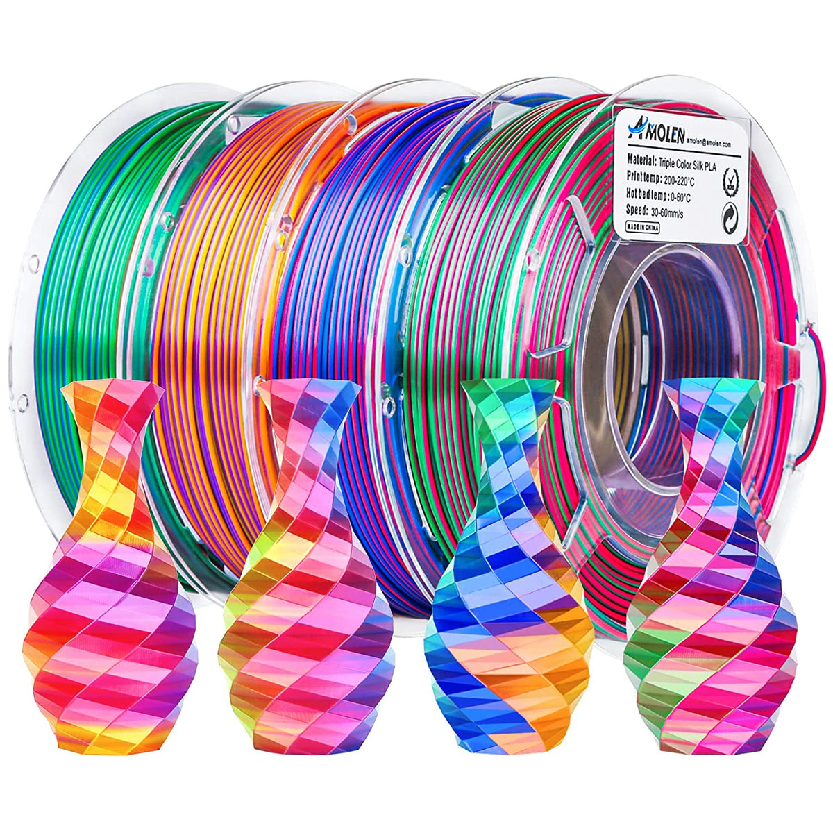 Amolen PLA Silk Triple Color Variety Pack (4x200g) - 1.75MM
