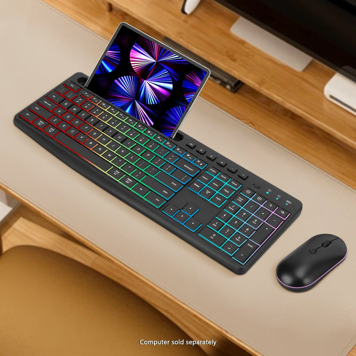 KB19 full-size keyboard and mouse with a tablet in the device holder