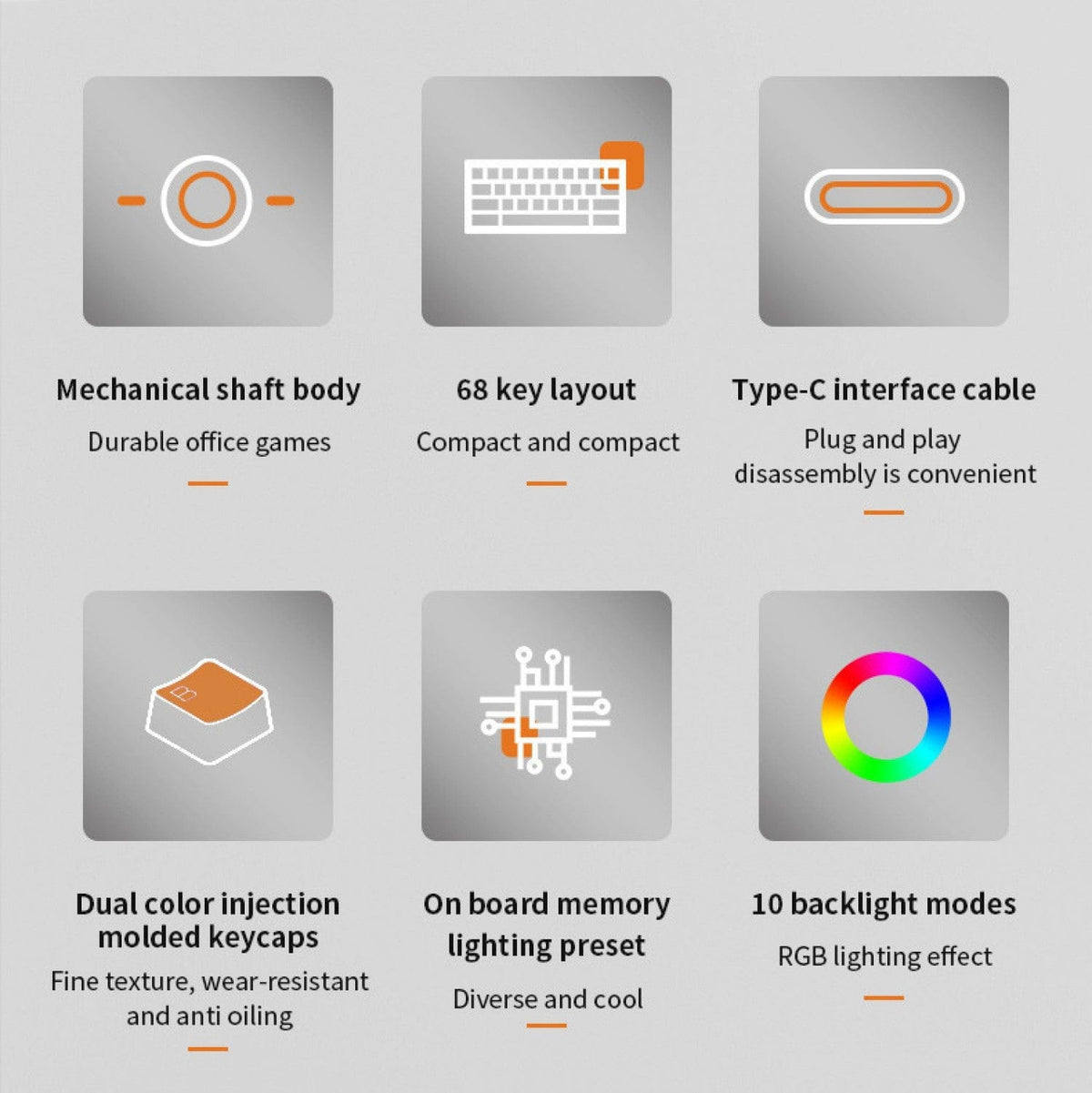 68-key keyboard feature diagram showing switches, USB-C socket and lighting