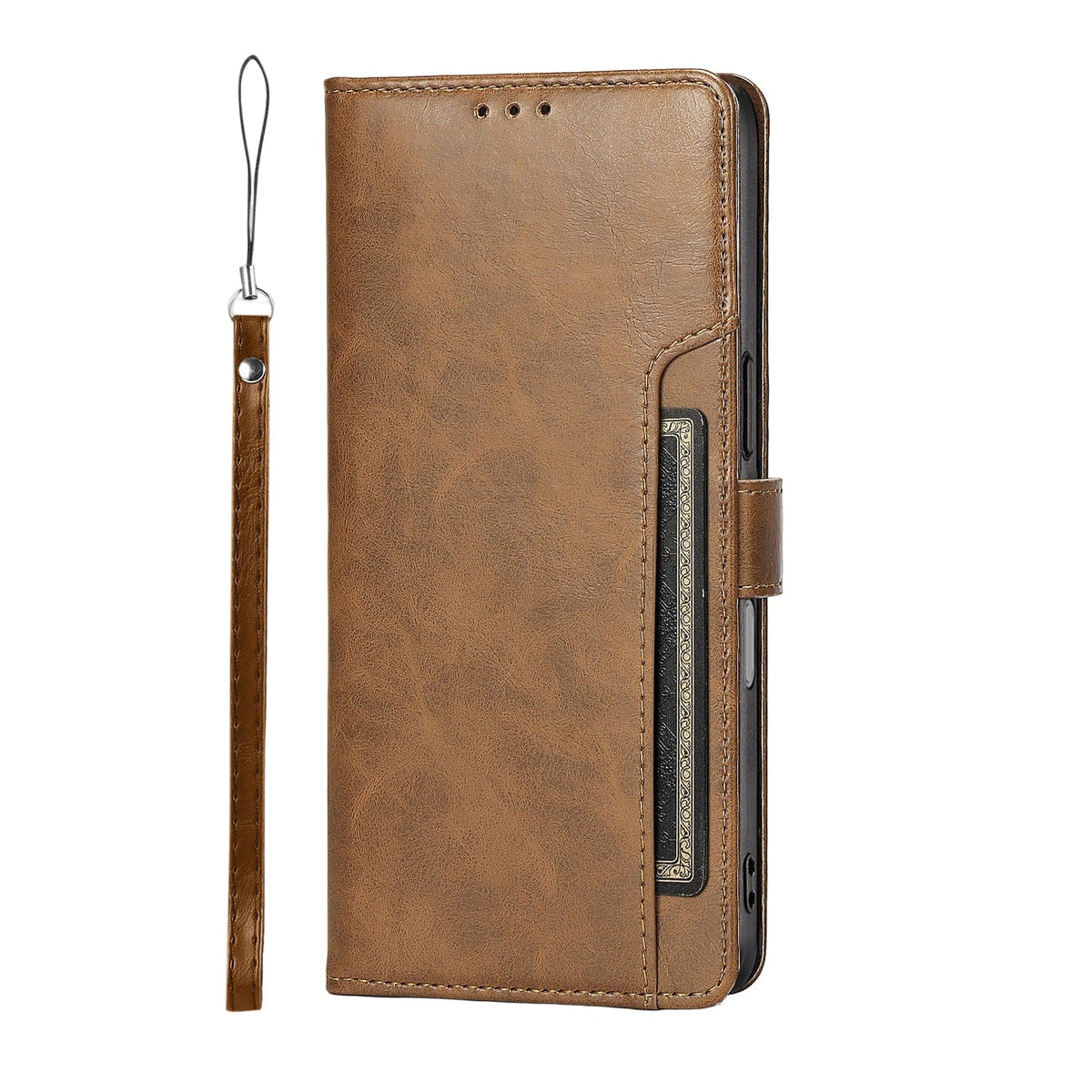 SaharaCase Indy MagSafe-Compatible Leather Folio Wallet Case for iPhone 17 Pro Max — closed wallet and wrist strap