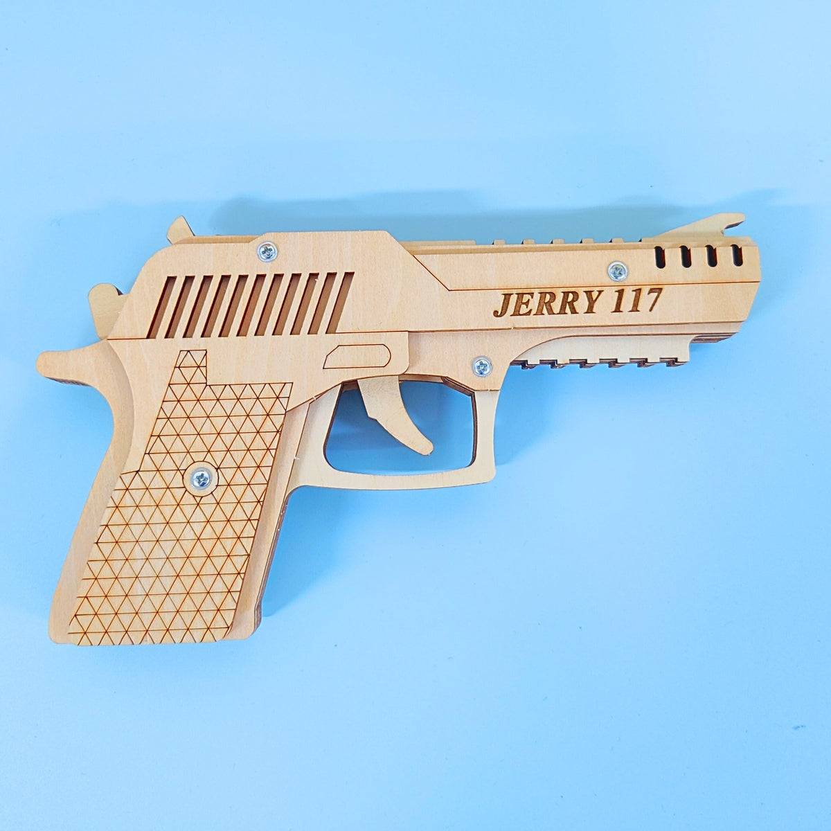 Kitsville Rubber Band Launcher Building Kit — assembled engraved example