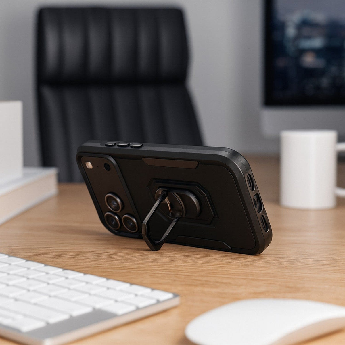 SaharaCase Raider Heavy-Duty Kickstand Case for iPhone 17 Pro — landscape desk stand