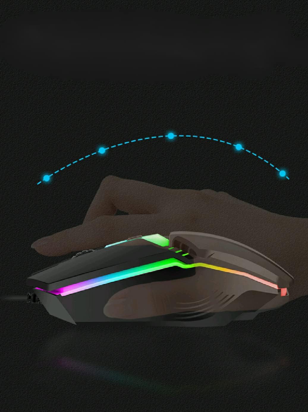 Hand resting on the illuminated mouse beside a white keyboard