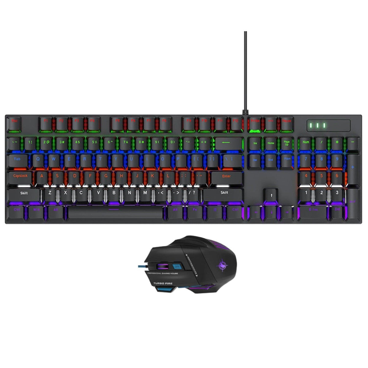 Black KB36 full-size RGB keyboard and wired mouse viewed from above