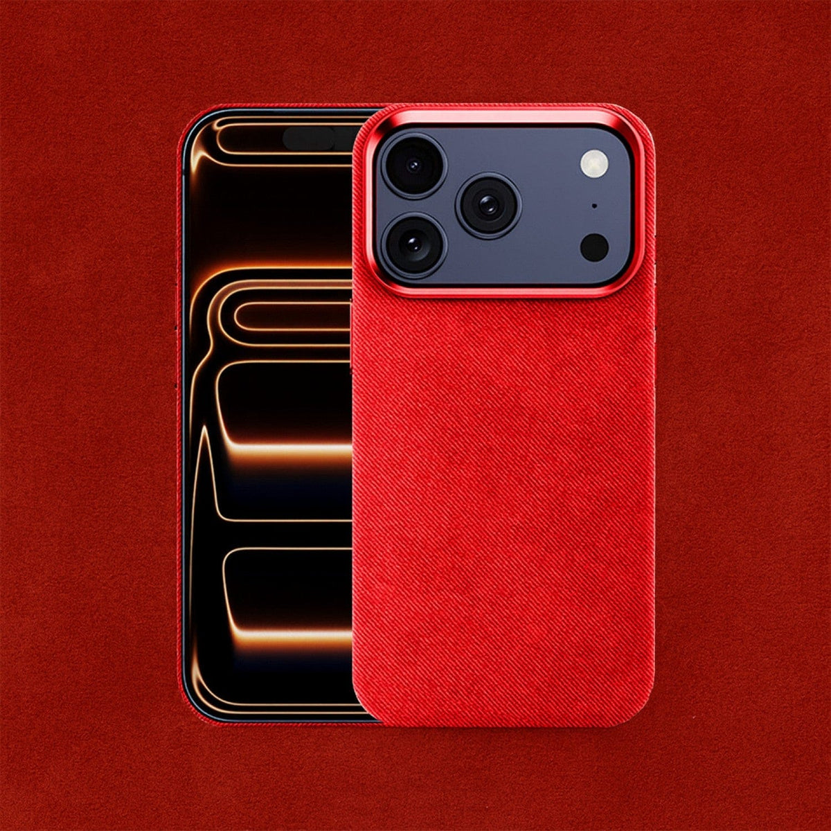 SaharaCase Indy Suede Leather Case for iPhone 17 Pro Max — red front and rear views