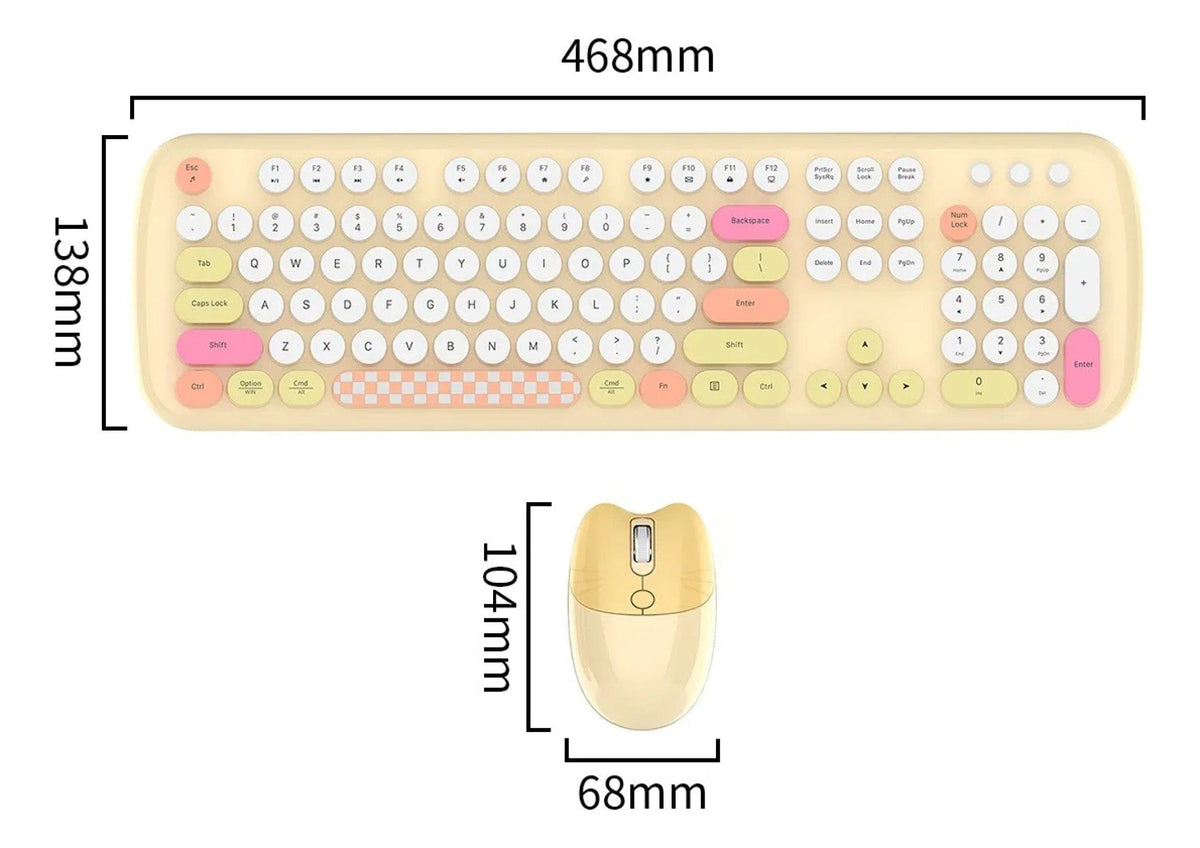 Yellow KB13 keyboard and mouse dimension diagram