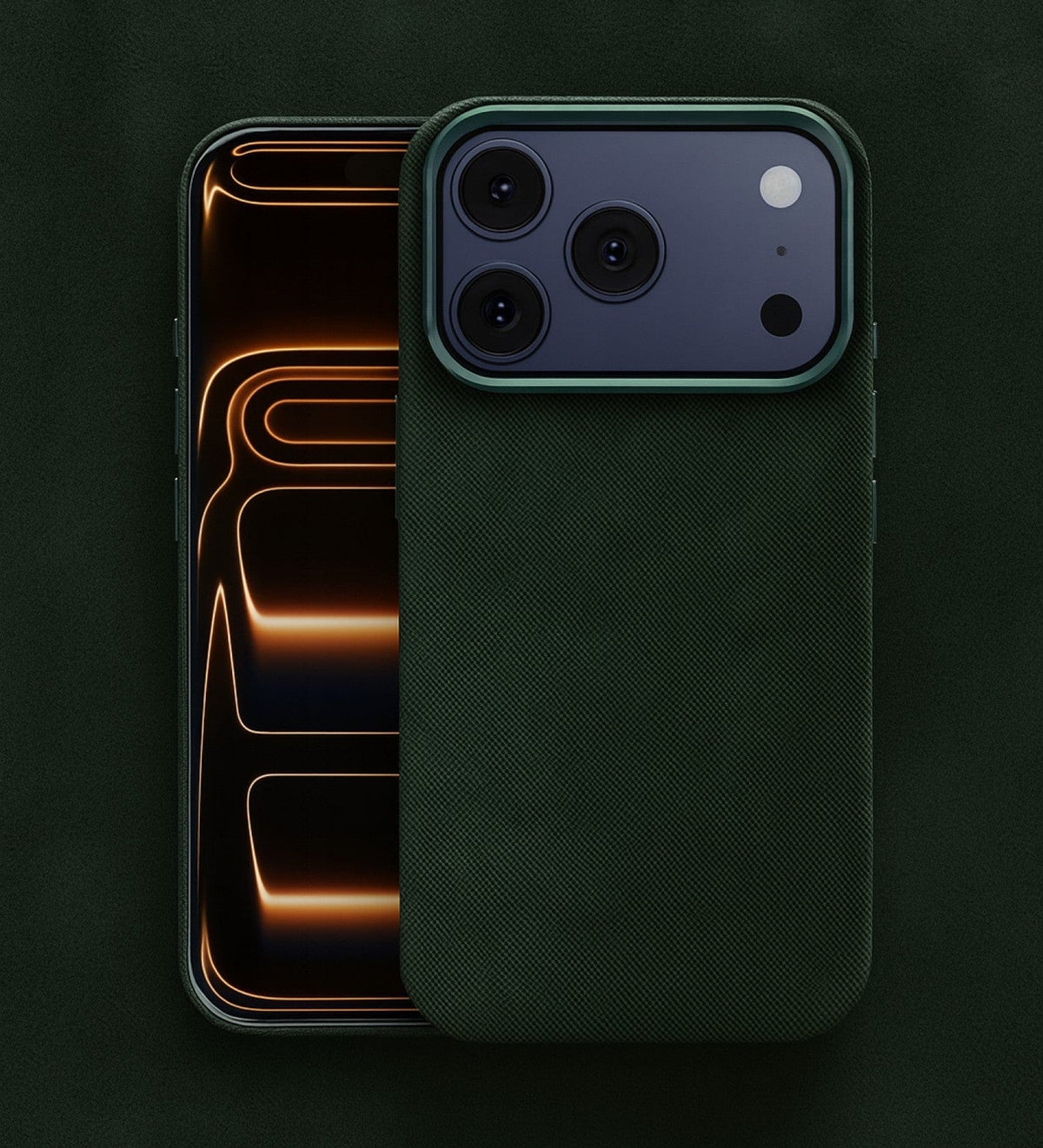 SaharaCase Indy Suede Leather Case for iPhone 17 Pro Max — green front and rear views