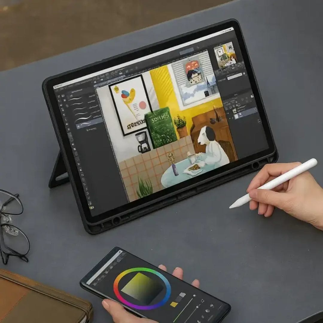 Representative tablet stand and detached keyboard setup; tablet and stylus sold separately